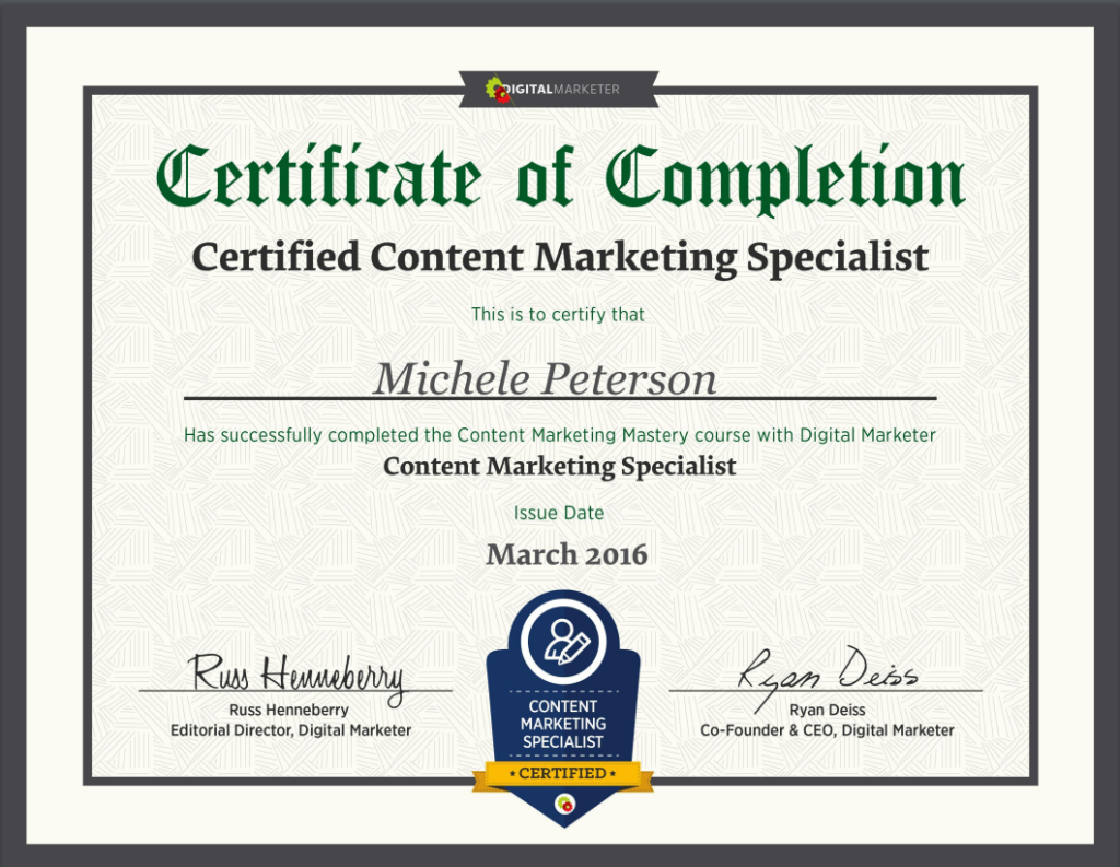 Michele Peterson is a Digital Marketer Certified Content Marketing Specialist