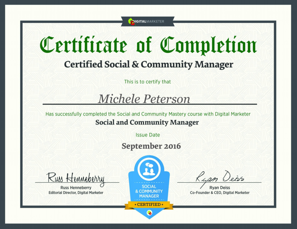 Michele Peterson's certificate of Social and Community Management mastery