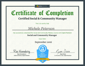 Michele Peterson's certificate of Social and Community Management mastery