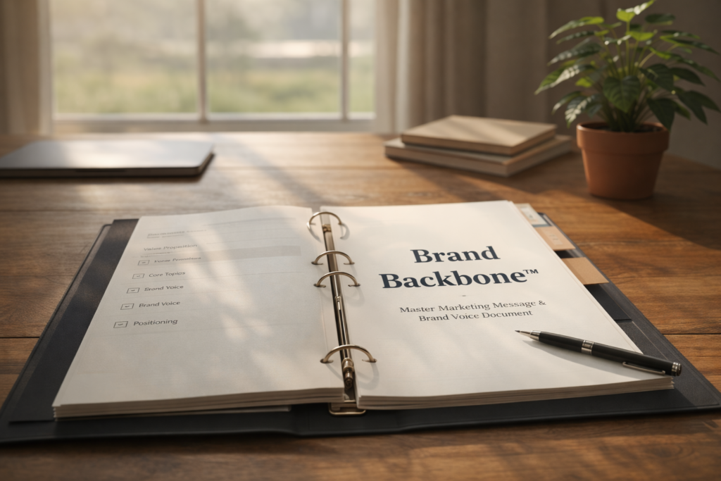 The Brand Backbone™ A Master Marketing Message & Brand Voice Document for Consistent, High-Impact Marketing - binder on desk by window