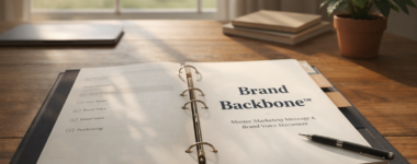 The Brand Backbone™ A Master Marketing Message & Brand Voice Document for Consistent, High-Impact Marketing - binder on desk by window