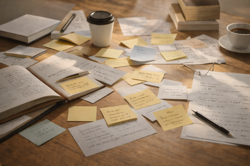 Marketing Keeps Drifting Without a Documented Marketing Foundation - scattered notes and notebooks over a work surface