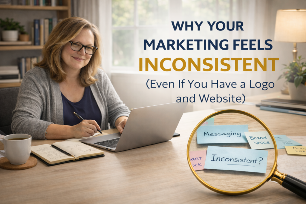 Why Your Marketing Feels Inconsistent (Even If You Have a Logo and Website) - Michele Peterson in home office smiling while writing notes with laptop open on desk